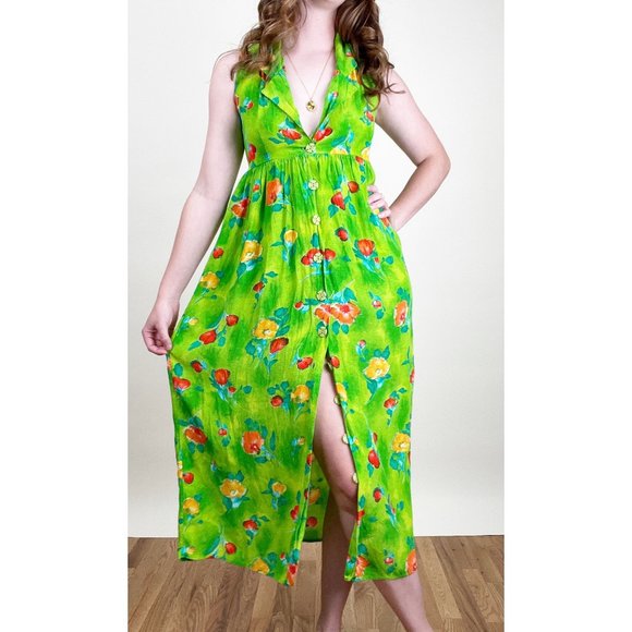 Vintage USA Button Down Floral Midi Dress Boho Slip Hippie Tropical White Lotus - Picture 3 of 6